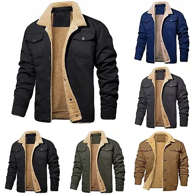 Mens Fleece Lined Cargo Jacket Warm Coat Trucker Sherpa Fur Collar Lapel Outwear • £29.99