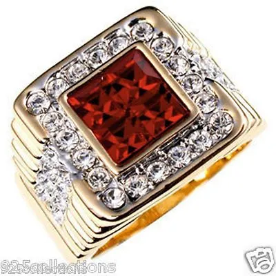 4x4 Mm Cut Red Ruby Color July CZ Birthstone Two Tone Men's Ring Size 8-14 • $24.99