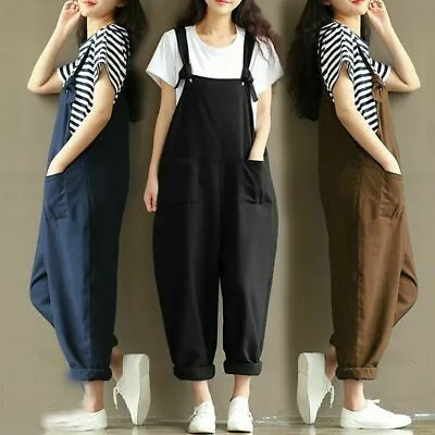 Loose Cotton Linen Overalls Plus Size Playsuits Jumpsuit Dungarees Trousers • $21.85