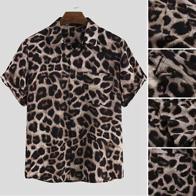 INCERUN Mens Button Down Short Sleeve Leopard Printed Summer Casual Shirt Tops • $15.19