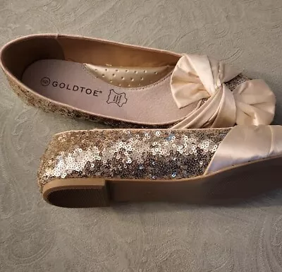 Goldtoe Gold Sequin Flats With Satin Bow Size 9 • $17.99