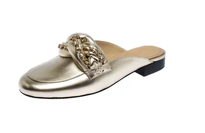 CHANEL Gold Metallic Braided Chain Leather Slide Mule Flat Loafer Sandal 38.5 • $285