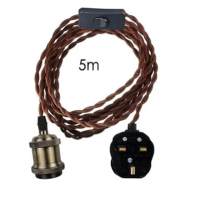 Plug In Pendant Light Kit 5m Fabric Flex Cable Set E27 Fitting Vintage Lamp Kit • £20.89