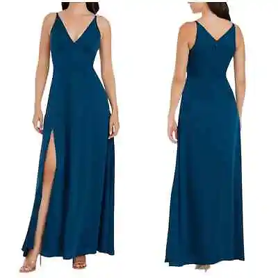 Dress The Population NWT Iris Thigh High Slit Crepe Gown Size XL Peacock Blue • $125