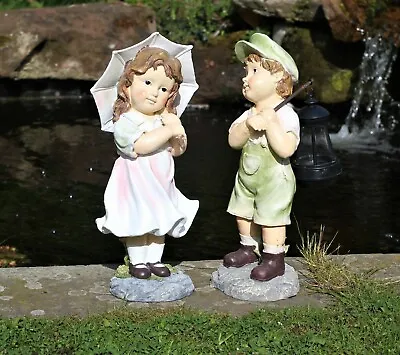 Garden Ornament Large Cherub Ceramic Figure Antique Little Girl & Solar Boy • £16.95