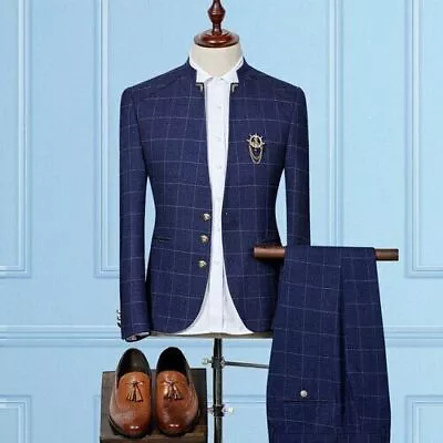 (Blazer+trousers) Stand Collar Men's Plaid Suit Slim Fitting Party Dress • $133.40