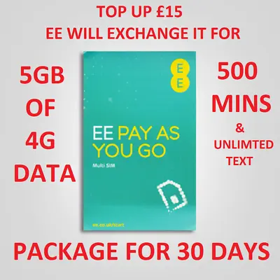 OFFICIAL EE 4G Superfast Nano Sim Card For IPhone & Samsung & 5GB NET / 500 Mins • £0.99