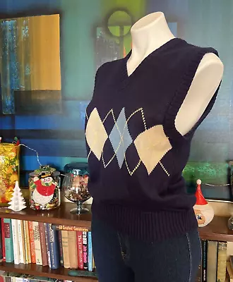 Pullover Sweater Vest Argyle Diamond Pattern Blue Cream Tank Top VNeck Vtg (C49) • $12