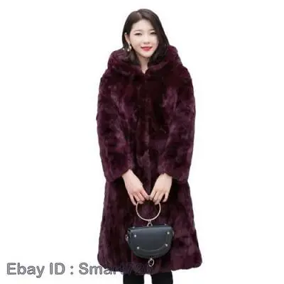 Womens Hooded Real Rabbit Fur Coat Thick Bodywarmer Long Jacket Overcoat Party L • $164.13