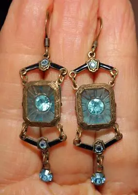 Antique Czech Deco Cut Glass Rhinestone Enamel Brass 2 1/8  Pierced Dangle Me5 • $12.50