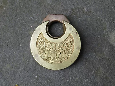 Excelsior 6 Lever Pancake Brass Padlock Antique Very Clean • $17