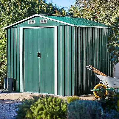 Green Tool House 8ft*8ft Apex Roof Metal Garden Shed Bike Tool Box Gable Roof • £349.95