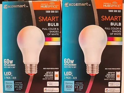 (2) EcoSmart 60-Watt Smart Hubspace A19 Color Change CEC LED Light Bulb W/ Voice • $11.99