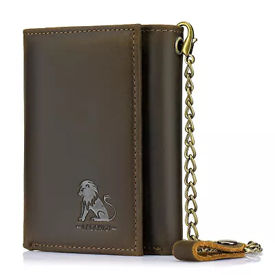 Men Wallet Genuine Leather RFID Blocking Trifold Wallet With Anti-theft Chain • $19.99