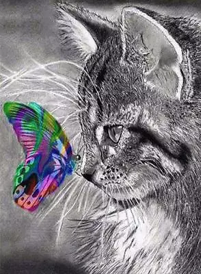 $13.90 • Buy Grey Cat Butterfly 5D Full Drill Diamond Painting Cross Stitch Kits Mural