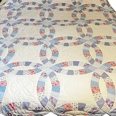 Vintage Double Wedding Ring Quilt 85  X 82.5  White Blue Patchwork Queen • $99.93