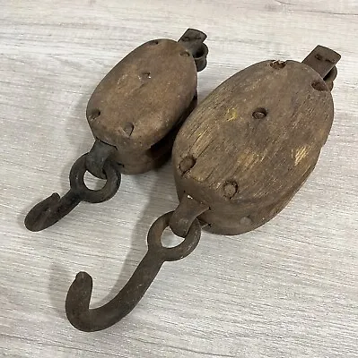 2 OLD VINTAGE ROPE PULLEYS SINGLE 2 Sizes WOOD BLOCK & TACKLE  5A • $32.50