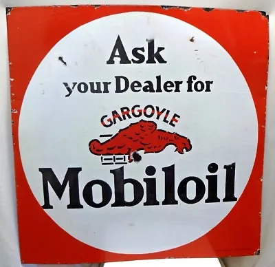 Vintage Mobiloil Gargoyle Brand Porcelain Enamel Sign Petrol Pump Display Advert • $1554.38