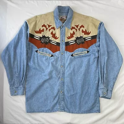 Vintage Gold Run Western Cowboy Denim Snap Button Shirt Size Medium Cotton • $34.99