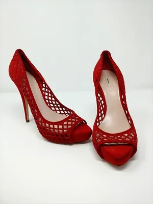 MUI MUI 41 Women's 11 Red Suede Leather 5  Cage Cut Out Pumps Heels  • £77.13