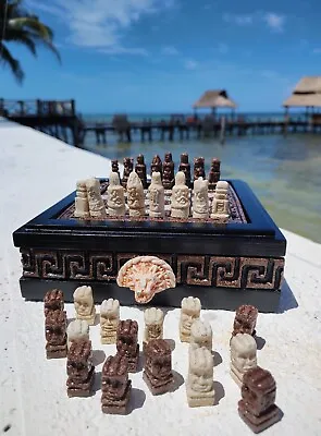 Chess Set Handmade Wooden Box Mayan Art Mexican Craft Brown Resin 7.5*7.5inch • $99.99