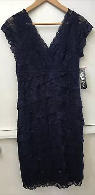 Marina Dress Blue Sequin Lace V Neck Cap Sleeve Size 4 Bodycon Stretch NWT • $29.95