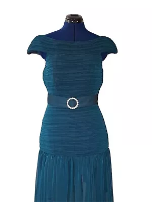 Vintage CAROL MIGNON Gown Dress 8 Off The Shoulder Ruched Drop Waist Teal Blue • $44.99