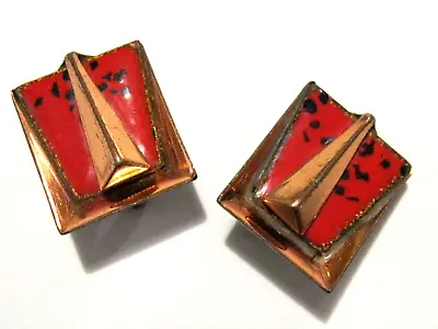 VTG Red MATISSE Earrings ENAMEL Copper MODERNIST MCM  Clip On CONFETTI Square • $14.95