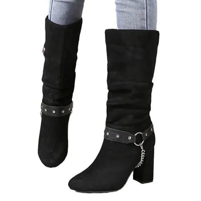 Womens Buckle Strap High Heel Faux Suede Knee High Riding Boots Mid Calf Boot • $92.46