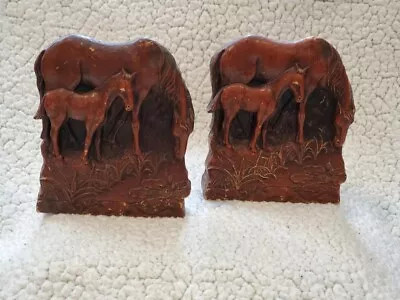 Horse Bookends Syroco Wood Mare Foal Baby Pony Book Ends Wooden Metal Base 2 Pc. • £17.36
