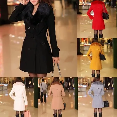 Trendy Winter Wool Trench Coat For Women With Fur Collar And Slim Belt • £32.53