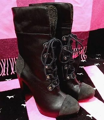 Victoria's Secret Supermodel Black Leather Sexy Lace-Up Boots Shoes (8 & 8.5) • $39.95