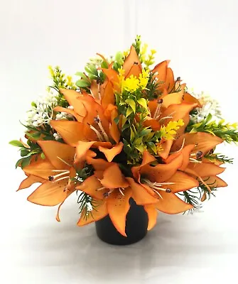 Artificial Silk Flower Memorial Grave Pot With Orange Tiger Lilies & Greenery • £16.99