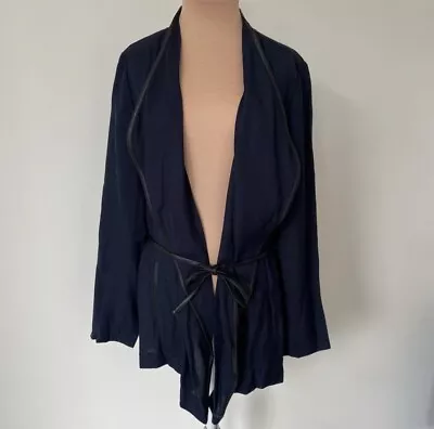 Vince Coastal Blue Leather Trim Rayon Drape Neck Jacket V335190867 NWT Size 14 • $223