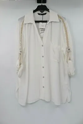 NWT ZARA Women's Medium Contrast Tweed Trim White Roll Up Sleeve Shirt Button Up • $24.11