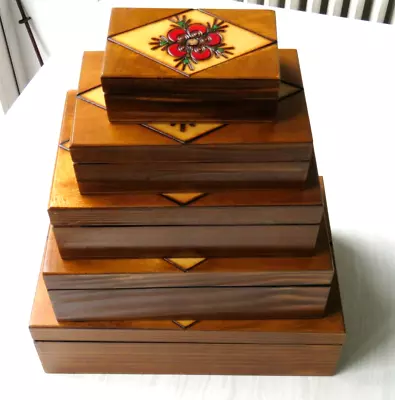 £35 • Buy Pyrograph & Paint European Folk Art Boxes Set Of 5 Stacking Jewellery Trinket