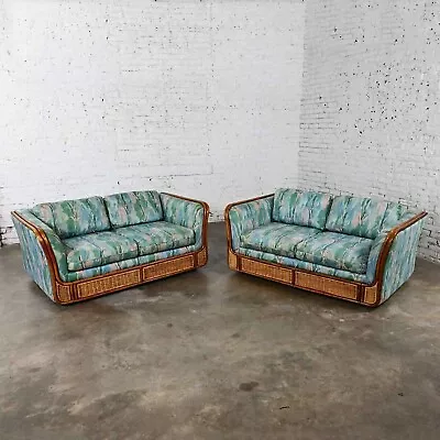 Pr Late 20th Century Boho Chic Rattan & Wicker Tuxedo Style Upholstered Loveseat • $3795