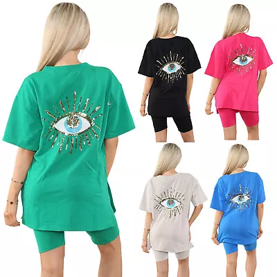 £21.99 • Buy Ladies Printed Sequin Eye Set Cycling Short T Shirt Women's Loungewear Tracksuit