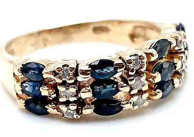 14K Yellow Gold Marquise Sapphire & Diamond 3-Row Band Ring Size 6 3.5 Grams • $199.95