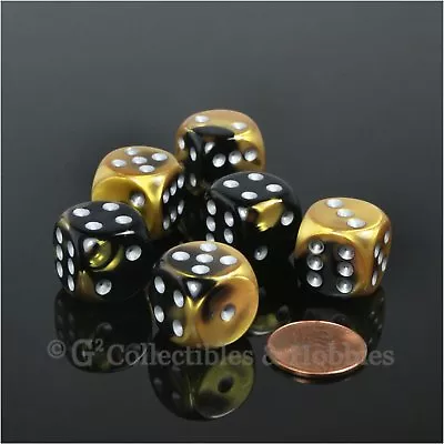 NEW Set Of 6 Black Gold W Silver Pips Gemini D6 Dice Six Sided RPG D&D Game 16mm • $6.99