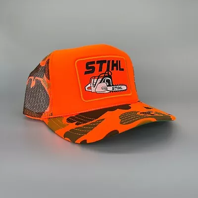 New Stihl Orange Camo Hat 5 Panel High Crown Trucker Snapback Vintage • $25.95