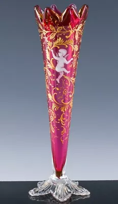 GORGEOUS C1890 ART NOUVEAU MOSER BOHEMIAN CHERUB ENAMEL CRANBERRY ART GLASS VASE • $23.49