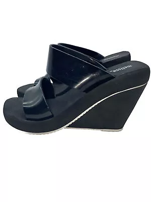 Melissa Women Summer Wedge Size 6 Sandals Heels Black White Accents Tstrap Shoes • $36.95