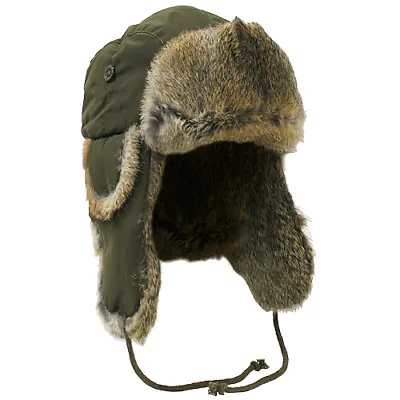 Warm Winter Cap Russian Trapper Hat Olive Green Ear Flaps Brown Rabbit Fur S-xl • £31.95