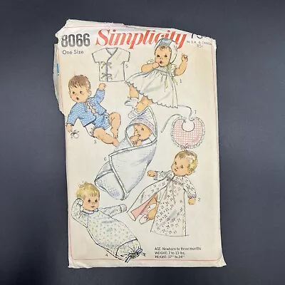 VTG 60s Simplicity 8066 BABY Newborn Layette Dress Bunting Sleeper Cut Pattern • $7.99