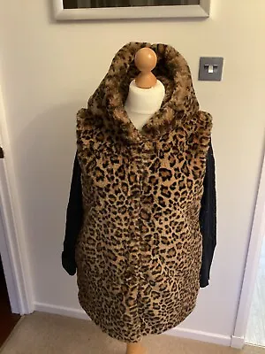 Ladies Stunning Zara Leopard Print Faux Fur Hooded Long Giletbody Warmer14/16 • $22.10