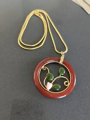 Vintage Carnelian Dark Green Jade Pedant  Stones Gold Snake Chain Necklace A361 • $59