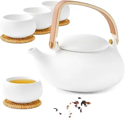 Bentwood Handle Loose Leaf Japanese Tea Set 27 Ounce Matte White Tea Pot 4 Cups • £72.15