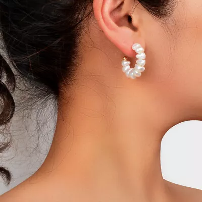 Irregular Pearl Hoop Small Lightweight Huggie Earrings Women Wedding Anniversary • $2.96