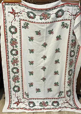 Vintage Cotton Linen Christmas Themed Tablecloth Santa 57 X 76 • $21.81